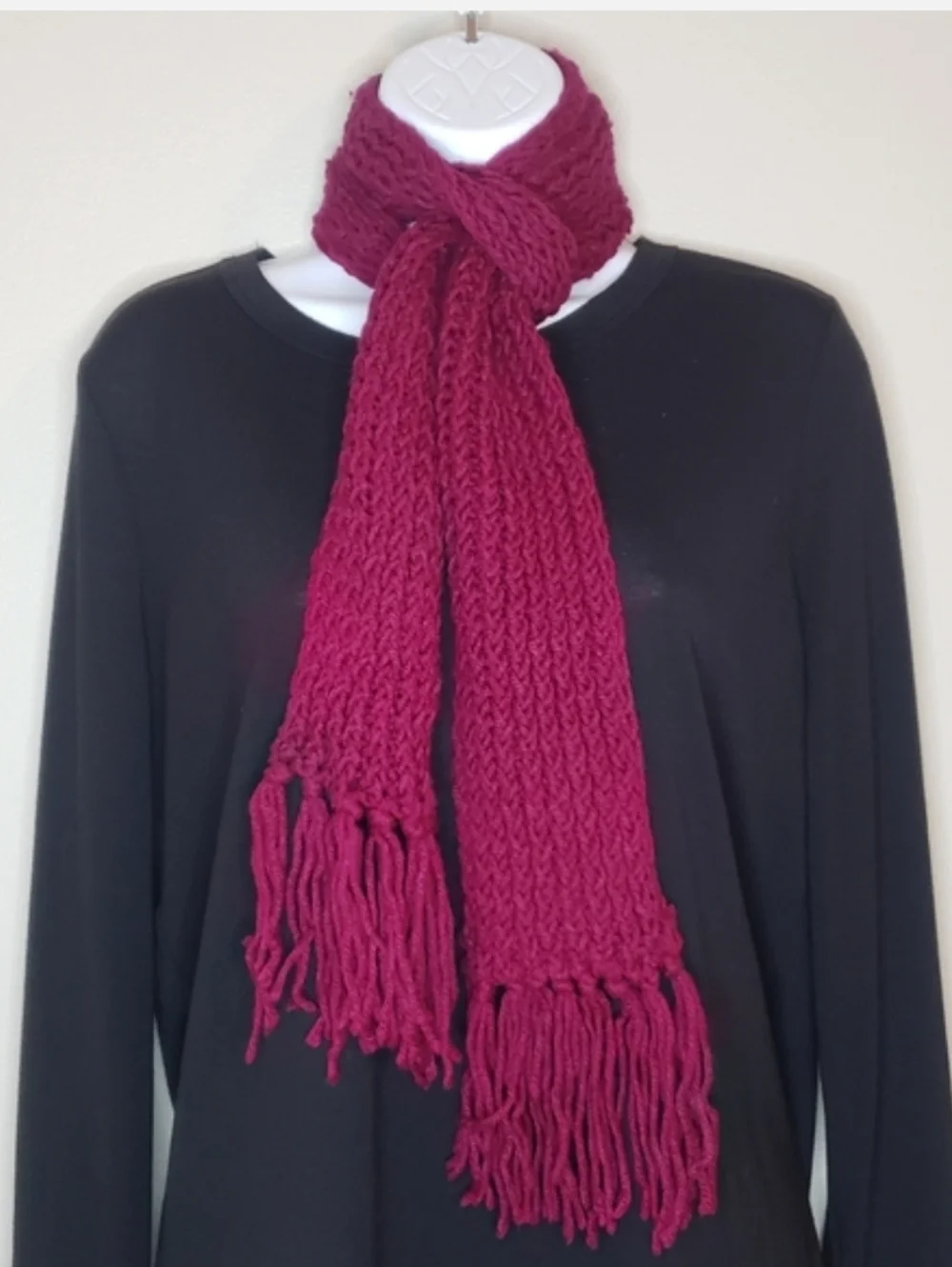 Handmade Burgundy Chunky Knit Scarf with Fringe Tassels - Boho Winter Wrap